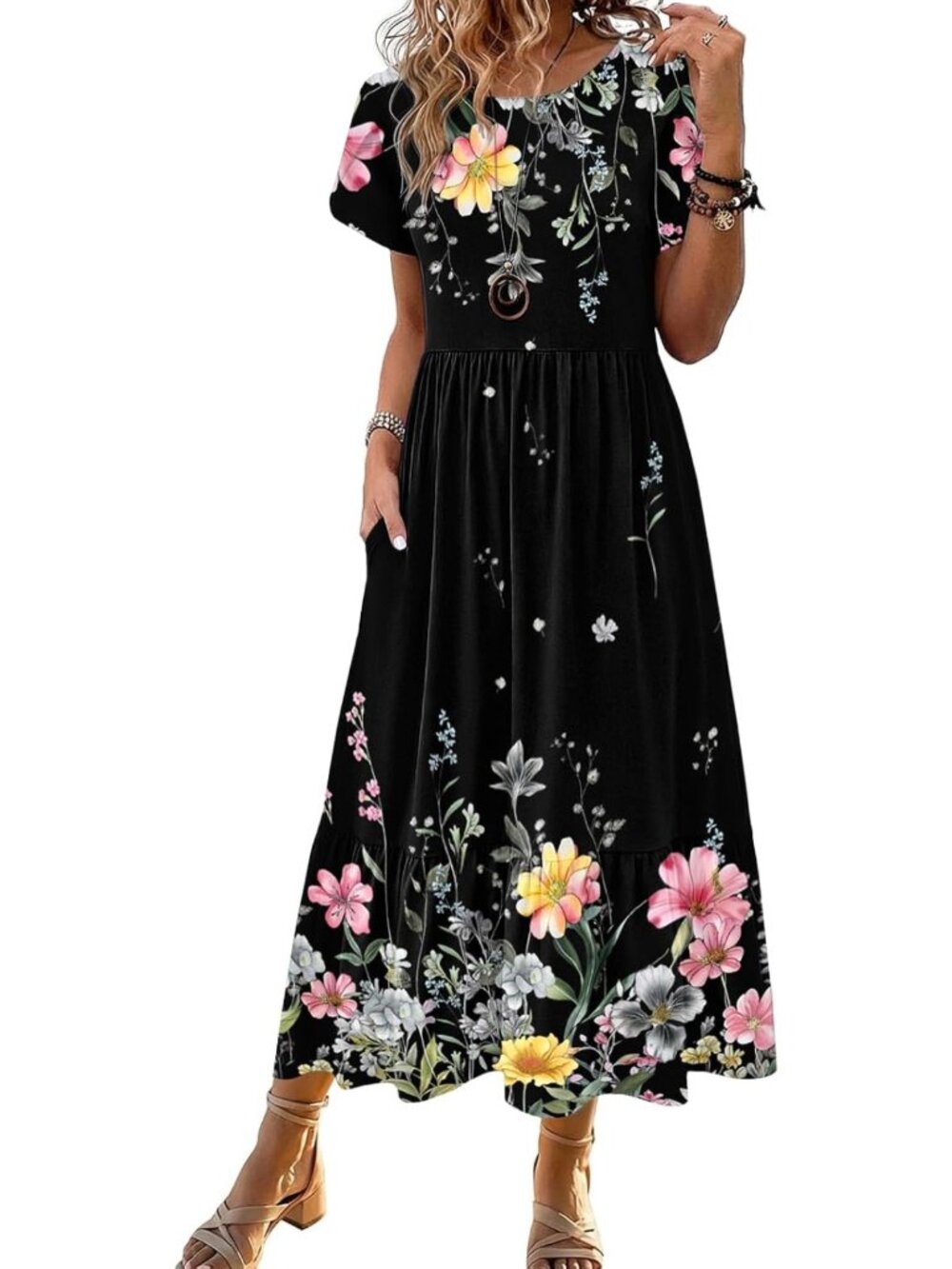 Summer Midi A-Line Dress for Women - Short Sleeve, Flowy, Tiered, Pockets, Beach